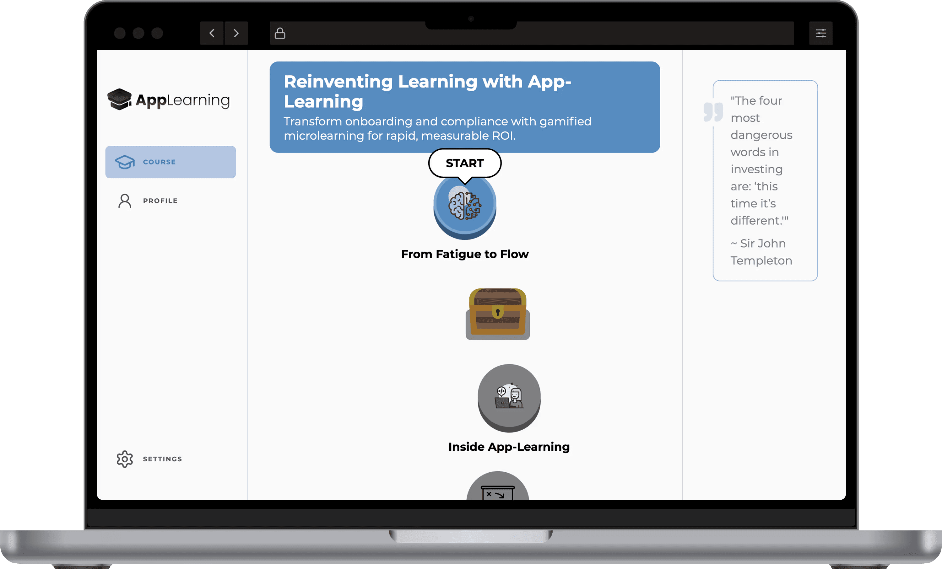 Laptop mit App-Learning-Oberfläche und einem Microlearning-Curriculum.